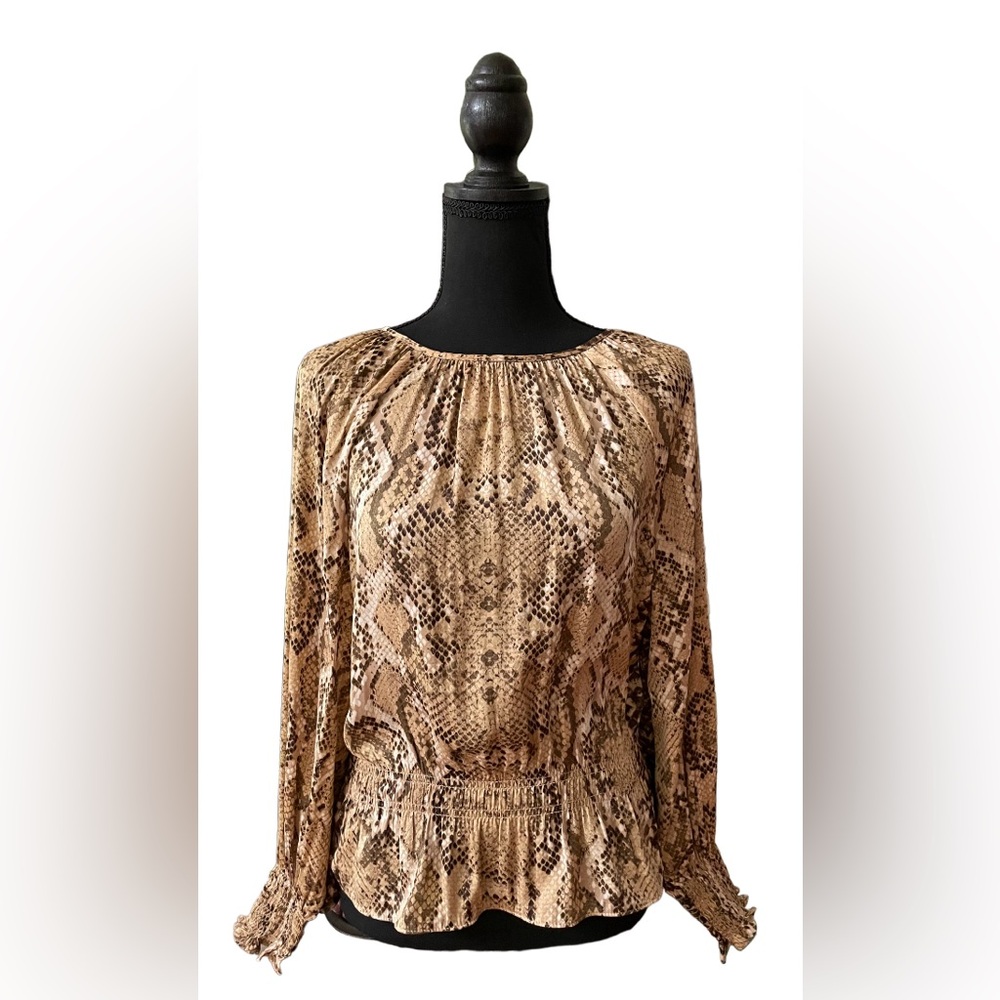 H&M: Brown And Tan Snakeskin Blouse with Elastic Sleeves and Waistband